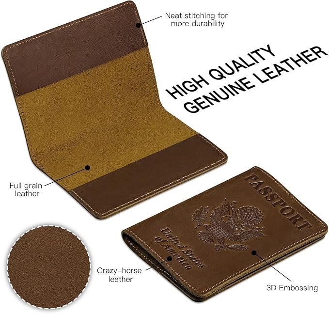 BIAOTIE Premium Leather Passport Holder Covers, Rfid Travel Wallet Passport Document Holder, Travel Essentials Wallet Cover Case for Men and Women (Brown)