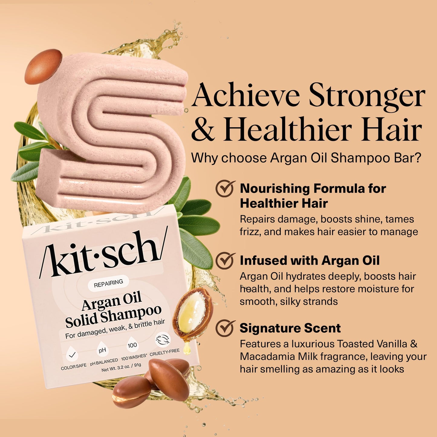 Kitsch Argan Oil Shampoo Bar - Repairing Solid Hair Shampoo for Women and Men - Strengthening, Moisturizing Hair Care - Silicone, Paraben & Sulfate Free, Vegan, Made in USA - 3.2 oz