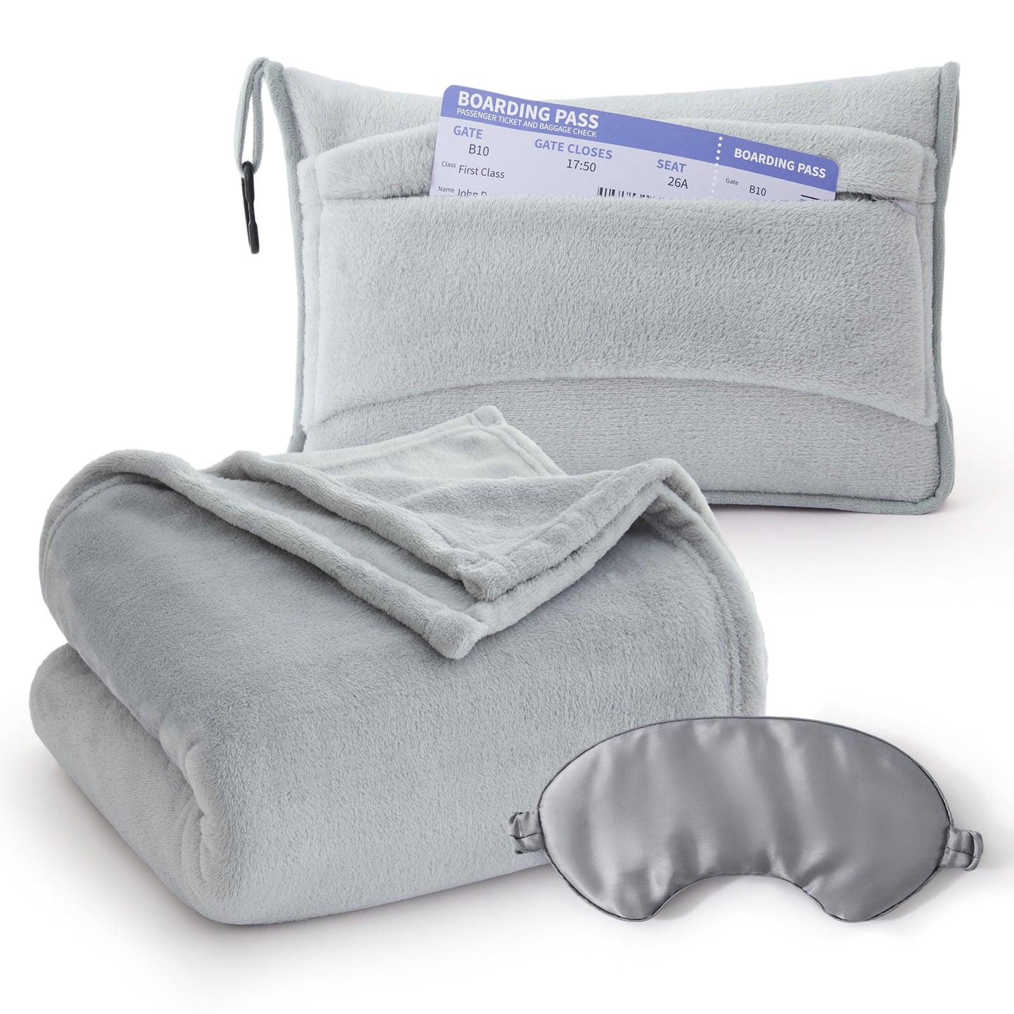 Bedsure Travel Blanket Airplane Compact with Storage Bag, Packable Blanket with Eye Mask, Lightweight 2-in-1 Travel Essentials, Functioned as Pillow for Airplane Comfort and Warmth, Grey