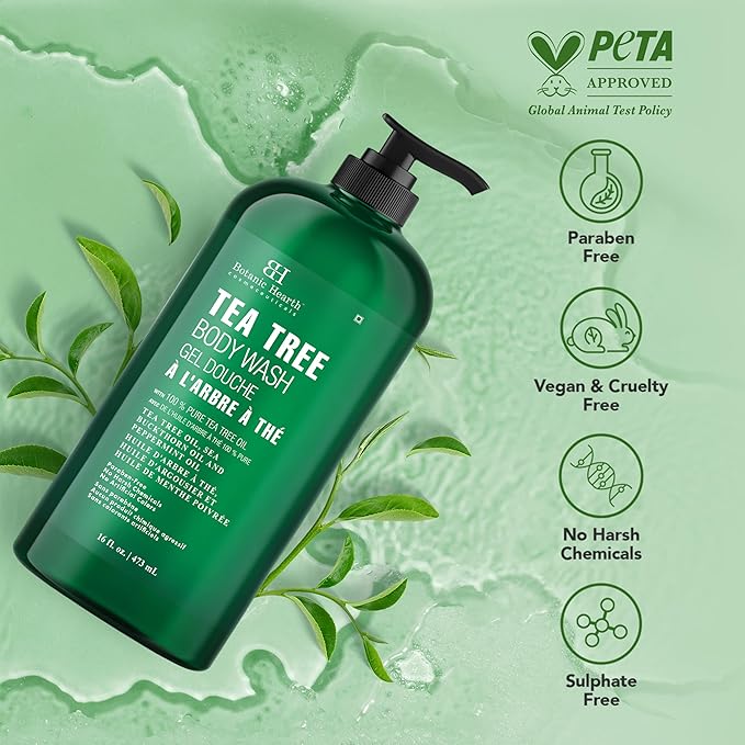 Botanic Hearth Tea Tree Body Wash - 16 fl oz - Helps Soothe Itchy, Dry Skin, Antifugal Body Wash with 100% Pure Tea Tree Oil - Sulfate Free, Paraben Free, for Men and Women