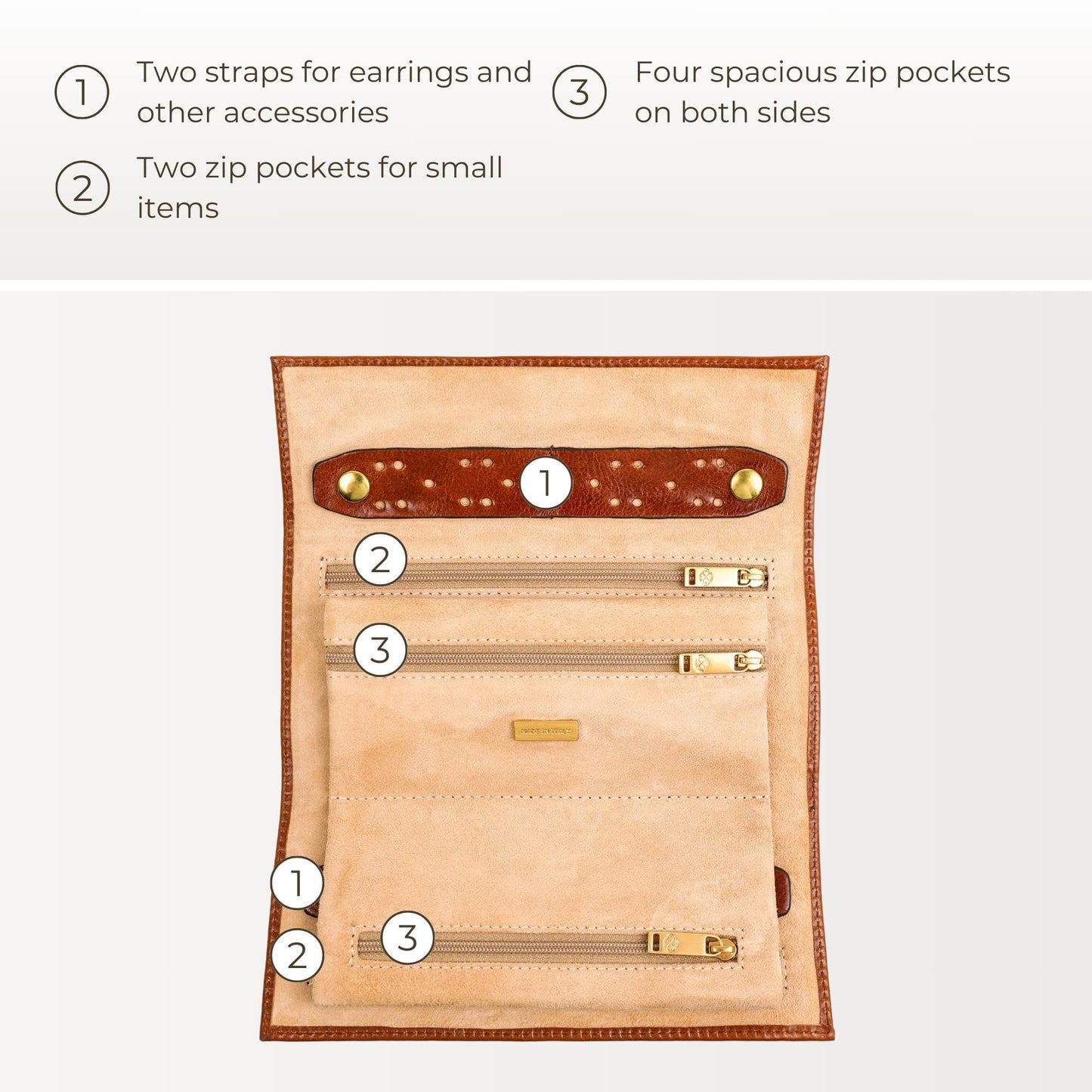 Time Resistance Leather Jewelry Roll - Full Grain Leather Travel Jewelry Case - Jewellery Organizer Made in Italy (Cognac Brown)