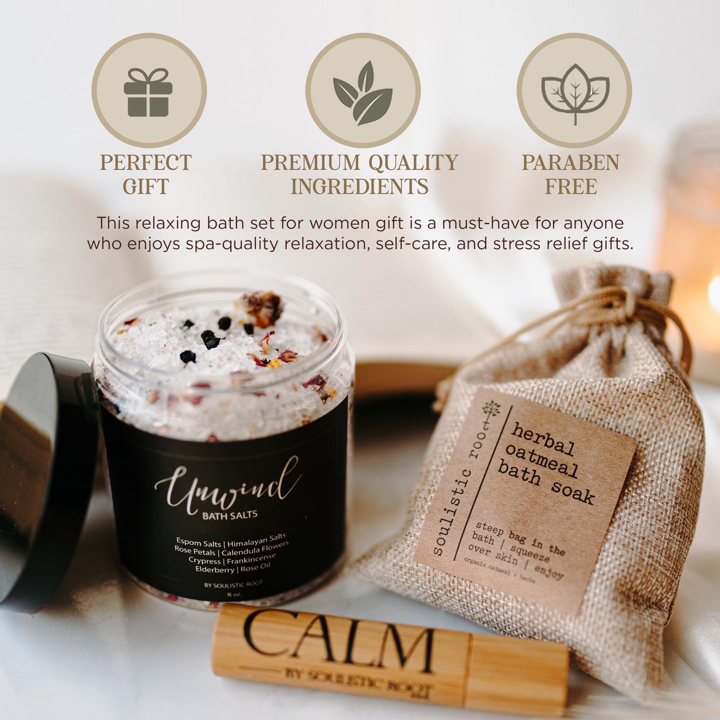 Soulistic Root Relaxing Bath Gift Set, Luxury Spa Gifts for Women, Self Care Products for Women and Men, Calm Essential Oil Roller, Oatmeal Lavender Bath Soak & Epsom Salts with Essential Oils