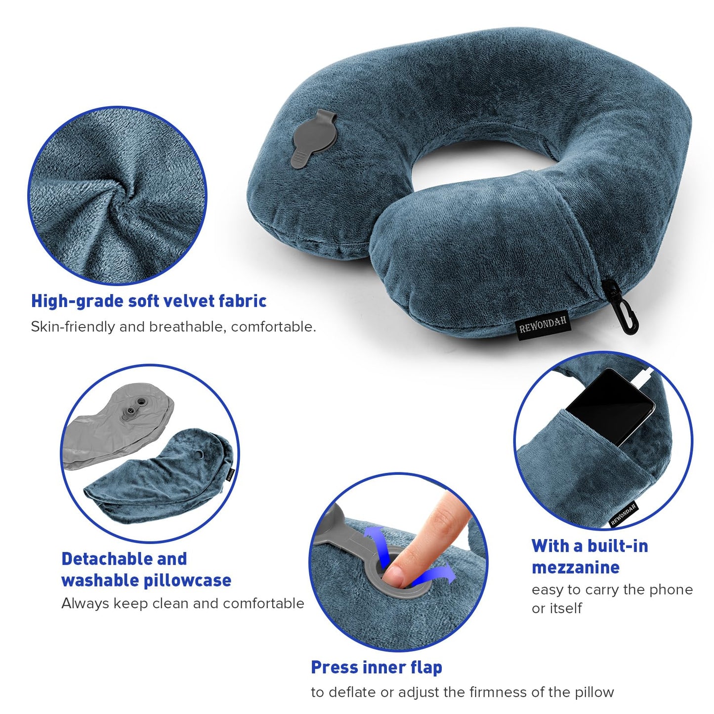 Rewondah Neck Pillows for Travel, Inflatable Travel Pillow, Inflatable Neck Pillow for Traveling Airplane with Soft Velour Washable Cover, U Shape Blow Up Neck Pillow for Airplanes Train Car Travel