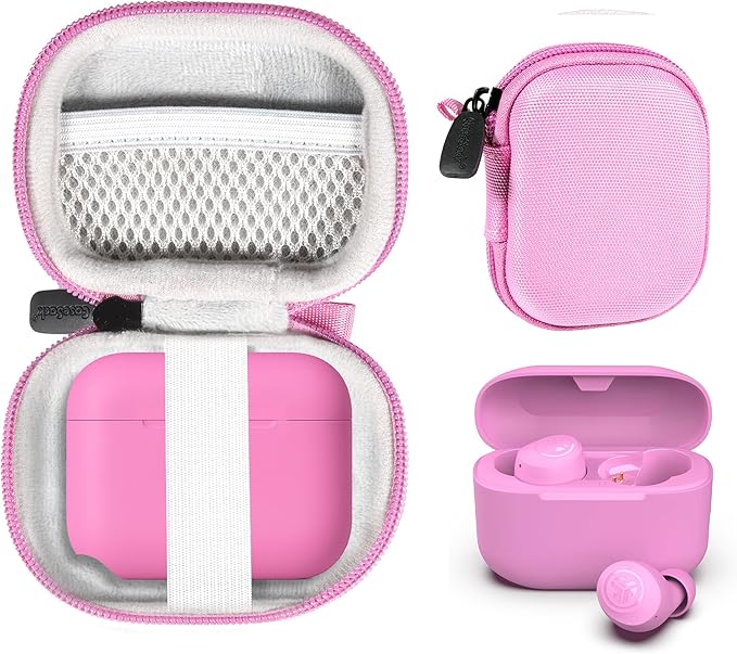 CaseSack Case for JLab Go Pop+,Go Air Pop, Air, Air Tones+/ Tones, JBuds Mini True Wireless Earbuds, Compact Organizer for The Charger case and Charger Cord (Cotton Candy Pink)