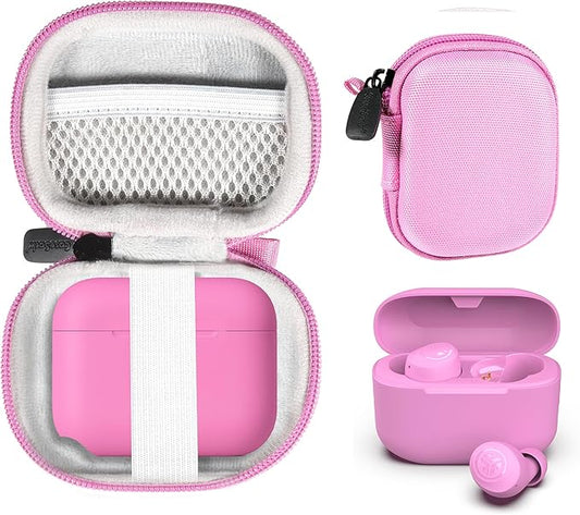 CaseSack Case for JLab Go Pop+,Go Air Pop, Air, Air Tones+/ Tones, JBuds Mini True Wireless Earbuds, Compact Organizer for The Charger case and Charger Cord (Cotton Candy Pink)