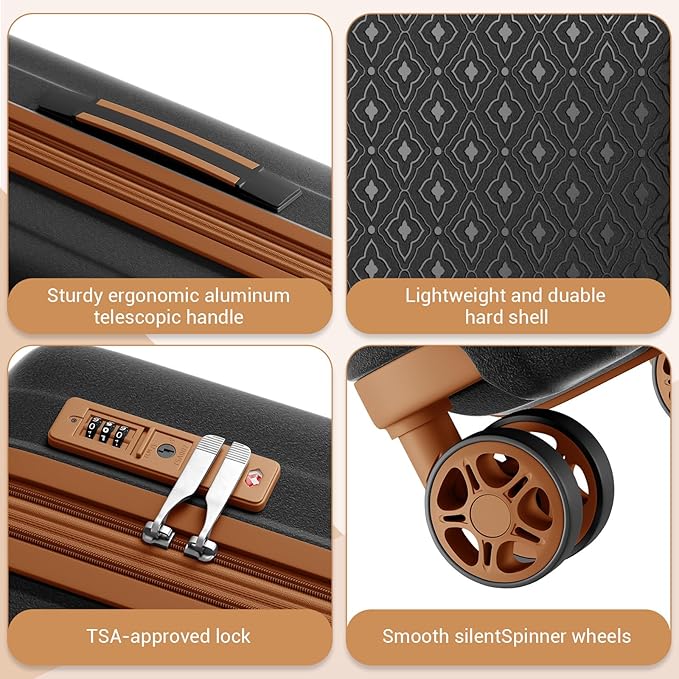 Kono Expandable 24 Inch Hard Shell Travel Luggage, Large capacity for easy travel, Hidden Cup Holder & TSA Lock Lightweight Suitcase - Black/Brown