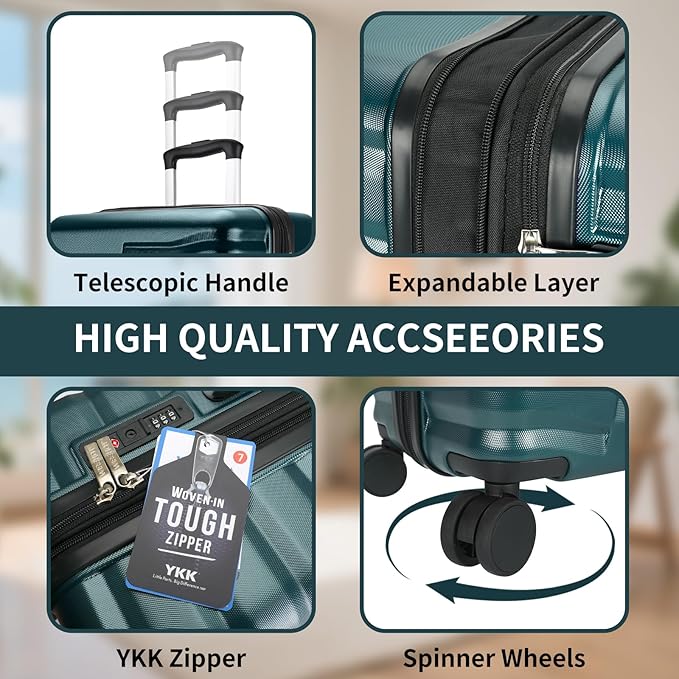 5-Piece Luggage Set, Lightweight ABS+PC Hard Shell Suitcase with YKK Zipper & TSA Lock for Family, Teal Blue, 14in/18in/20in/24in/28in