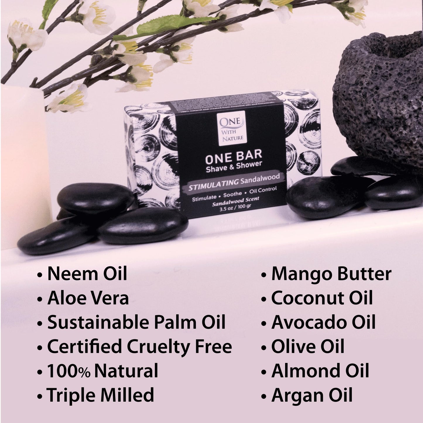 ONE Bar Stimulating Sandalwood 3.5 oz 3 Pack - All in One Shave, Shower, Shampoo for face, beard, body, hair/scalp. SuperFAT “oil” Infused: Avocado, Mango, Olive, Coconut, Argan Oil, Moisturizing.