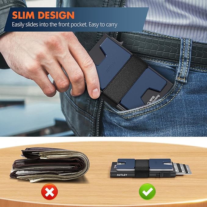 AUTLEY Slim Wallet For Men, Rfid Blocking Mens Wallet, Minimalist Wallet For Men, Pop Up Credit Card Holder with Cash Band (Blue+Black)