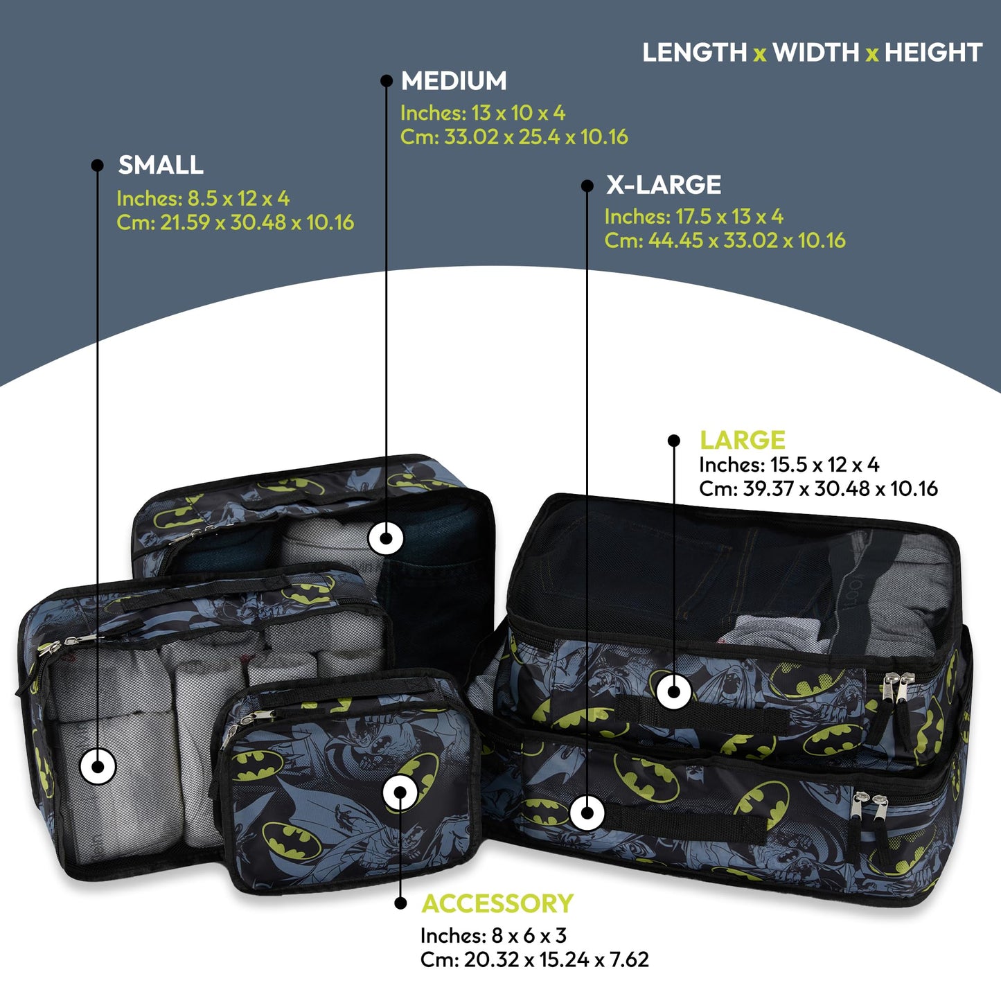 DC Comics Batman Packing Cube Set - Batman, Robin, Superman, Joker - 5 Piece Packing Cube Travel Essential - Luggage Organizer Set - For Kids,Teens,Adults