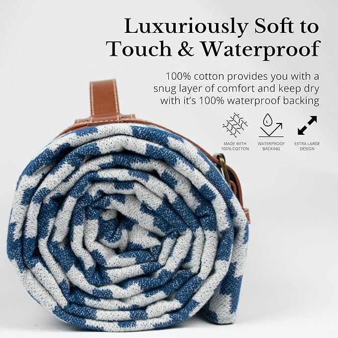 Komorebi Extra Large Picnic Blanket - 78” x 59” - Waterproof Outdoor Blanket, Foldable & Portable Sandproof Beach Blanket - Blue Travel Mat with Soft Cotton & Carry Handle