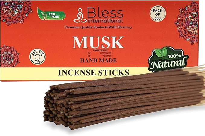 Bless-Musk 100%-Natural-Handmade-Hand-Dipped-Incense-Sticks Organic-Chemicals-Charcoal-Free Purification-Relaxation-Positivity-Yoga-Meditation Best-Woods-Scent (500 Sticks(26 OZ))