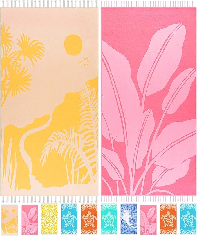 2 Pack Turkish Beach Towel Quick Dry Absorbent Lightweight Thin Bathroom Bath Pool Swim Towels Extra Large Oversized Sand Free Towel Beach Accessories Essentials Stuff Adults Gift Yellow Pink