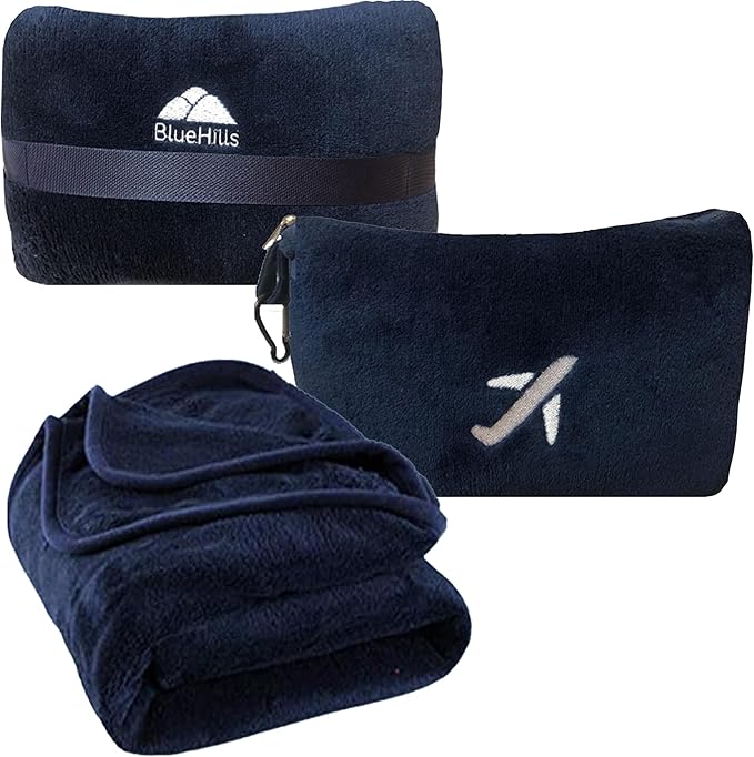 BlueHills Premium Soft Travel Blanket Pillow in Mini Soft Case Plush Airplane Blanket Compact Pack with Luggage Belt and Backpack Clip Long Flights Essentials Navy Blue M04