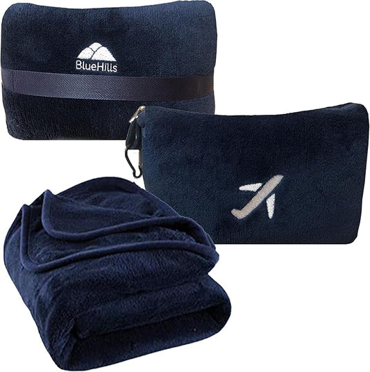 BlueHills Premium Soft Travel Blanket Pillow in Mini Soft Case Plush Airplane Blanket Compact Pack with Luggage Belt and Backpack Clip Long Flights Essentials Navy Blue M04