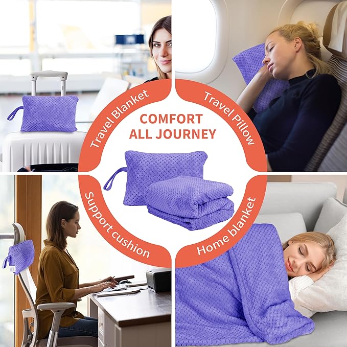 Tirrinia Travel Blanket Airplane Compact with Bag, Soft& Lightweight Wearable Blanket with Foot Pockets for Women Men Adults, Warm Snuggle Blanket, Airplane Travel Essentials, Travel Gifts for Her,