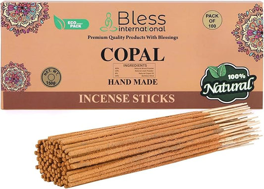 Bless-Copal 100%-Natural-Handmade-Hand-Dipped-Incense-Sticks Organic-Chemicals-Charcoal-Free Purification-Relaxation-Positivity-Yoga-Meditation Best-Woods-Scent (100 Sticks(5.25 OZ))