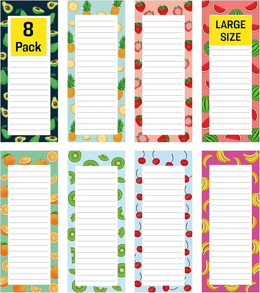 8 Large Magnetic Notepads – Big Notepads for Grocery List, Shopping List, To-Do List, Reminders -Strong Magnetic Back- Memo Pads with Realistic Fruit Designs | 60 Sheets per Pad 9 x 3.5 inch (8 Pack)