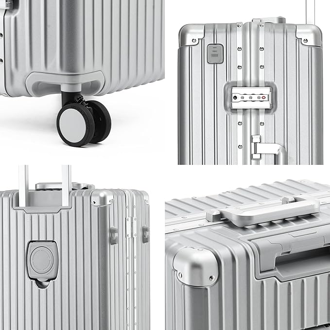 24 Inch Zipperless Checked Travel Luggage with Spinner Wheels,ABS+PC Hard Shell Suitcase with TSA Approved USB Port,Cup & Phone Holder for Women Men,Silver