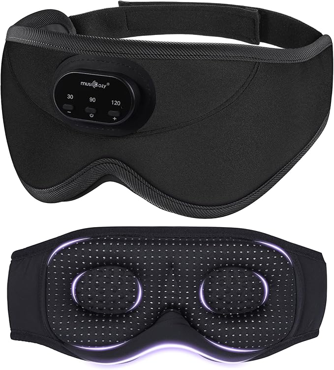MUSICOZY 3D Bluetooth Sleep Mask with Headphones and Timer, Wireless Sleep Headphones for Side Sleepers, Eye Mask with Bluetooth Headphone, Black