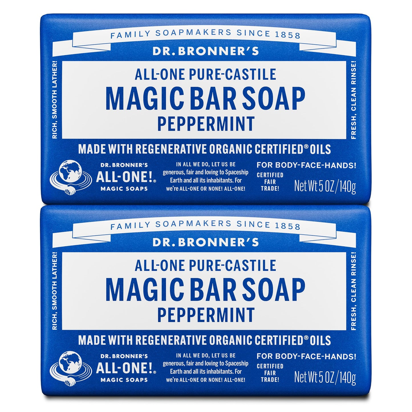 Dr. Bronner's Pure-Castile Magic Bar Soaps (Peppermint, 5oz, 2-Pack) – Made with Regenerative Organic Certified Oils, Soap Bars for Men & Women, Gentle for Face & Body, Vegan, Non-GMO