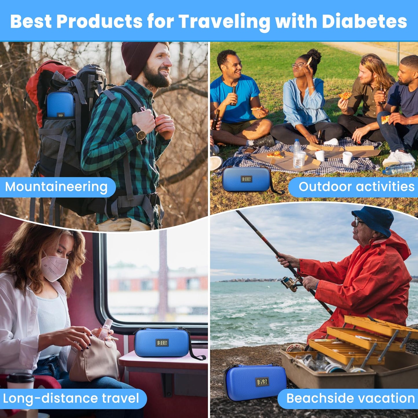 MOSKESON Insulin Cooler Travel Case - TSA Approved Medication Diabetic Cooler for Travel with Thermometer Temperature Display Refrigerated Medicine Organizer Bag with 2 Ice Pack Blue