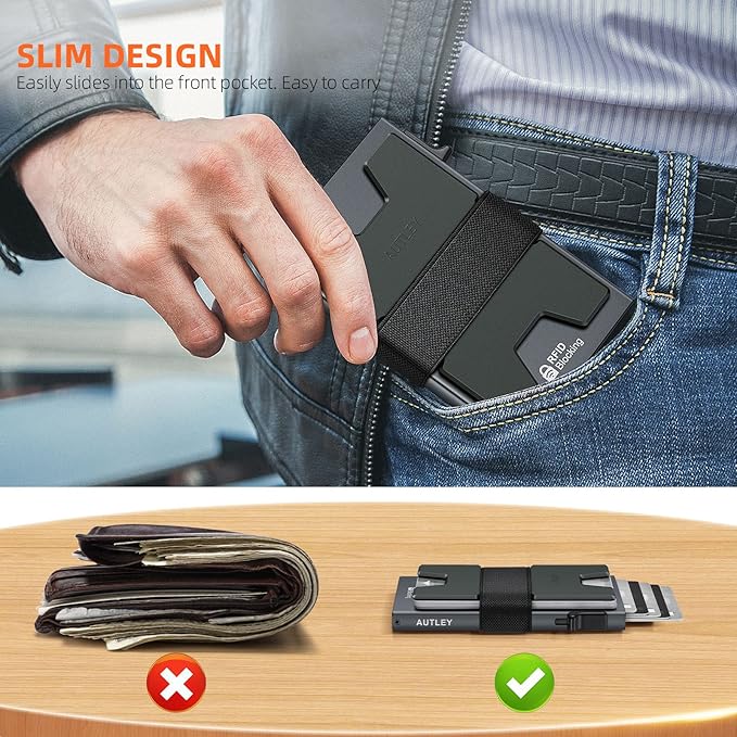 AUTLEY Slim Wallet for Men, RFID Blocking Mens Wallet, Pop Up Credit Card Holder Wallet with Cash Band (Grey)