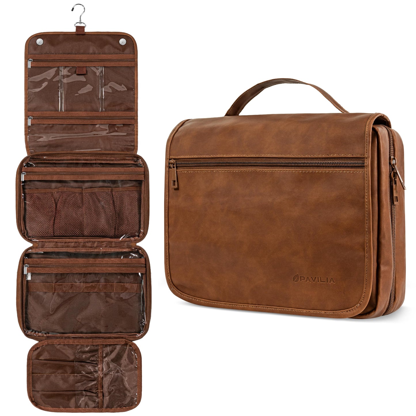 PAVILIA Hanging Toiletry Bag Women Men, Foldable Cosmetic Organizer Travel Bag, Water Resistant Makeup Bag Toiletries, Large Travel Essentials Kit (Brown)