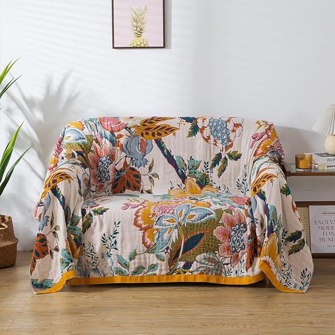 Boho Throw Blanket for Couch, Queen Size Bohemian Bedspread Blankets, Cozy Warm Lightweight Cotton Throw Blanket, Reversible Fall Blanket Floral Pattern, 80"X90"