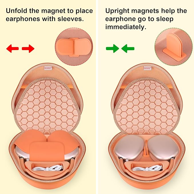BOVKE Hard Carrying Case with Sleep Mode for Apple AirPods Max Wireless Over-Ear Headphones, AirPods Max Protective Portable Storage Bag with Mesh Pocket for USB-C Charging Cables Accessories, Orange