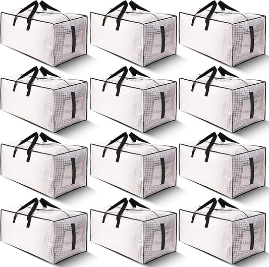 12 Pack Large Strong Moving Bags with Zippers & Carrying Handles - Water-Resistant - Heavy Duty Storage Tote for Space Saving, Fold Flat, Alternative to Moving Box (Semi-Transparent)