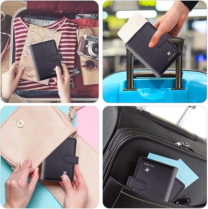 Cnycmy Passport Holder with RFID Blocking, Cash Pocket & Back Zipper Coin Pocket - Travel Document Holder, Magnetic Button, Multiple Card Slots - Soft PU Leather for Men and Women (BLACK)