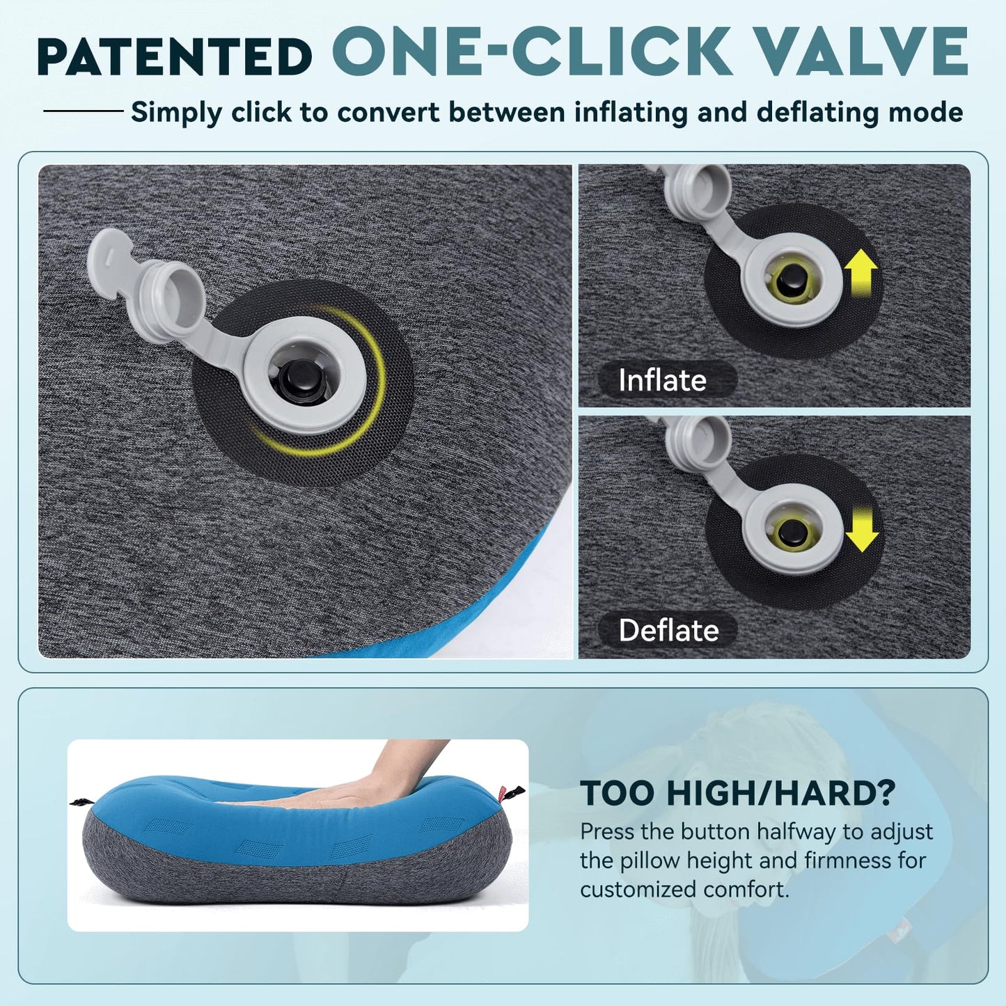 Hikenture Camping Pillow Ultralight, Inflatable Pillows with Removable Cover, Compact Portable Backpacking Pillow, Ergonomic Blow Up Camp Pillows, Washable Air Pillow for Hiking, Beach (Blue)