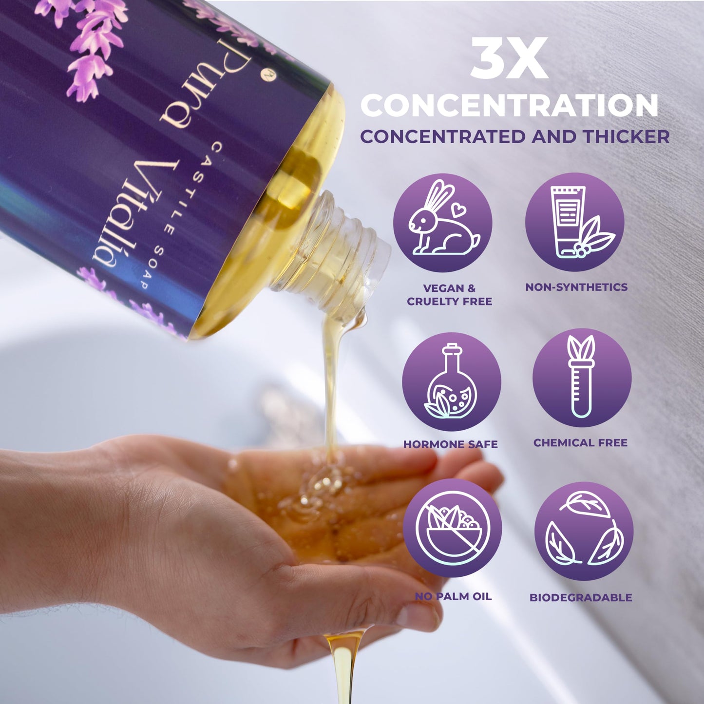 Pura Vitalia Lavender Organic Castile Soap | Body Wash & Cleanser for Face & Hands | Biodegradable, Eco-Friendly, Palm Oil Free, Vegan & Gentle | Made with 6 Natural Ingredients - 32 oz