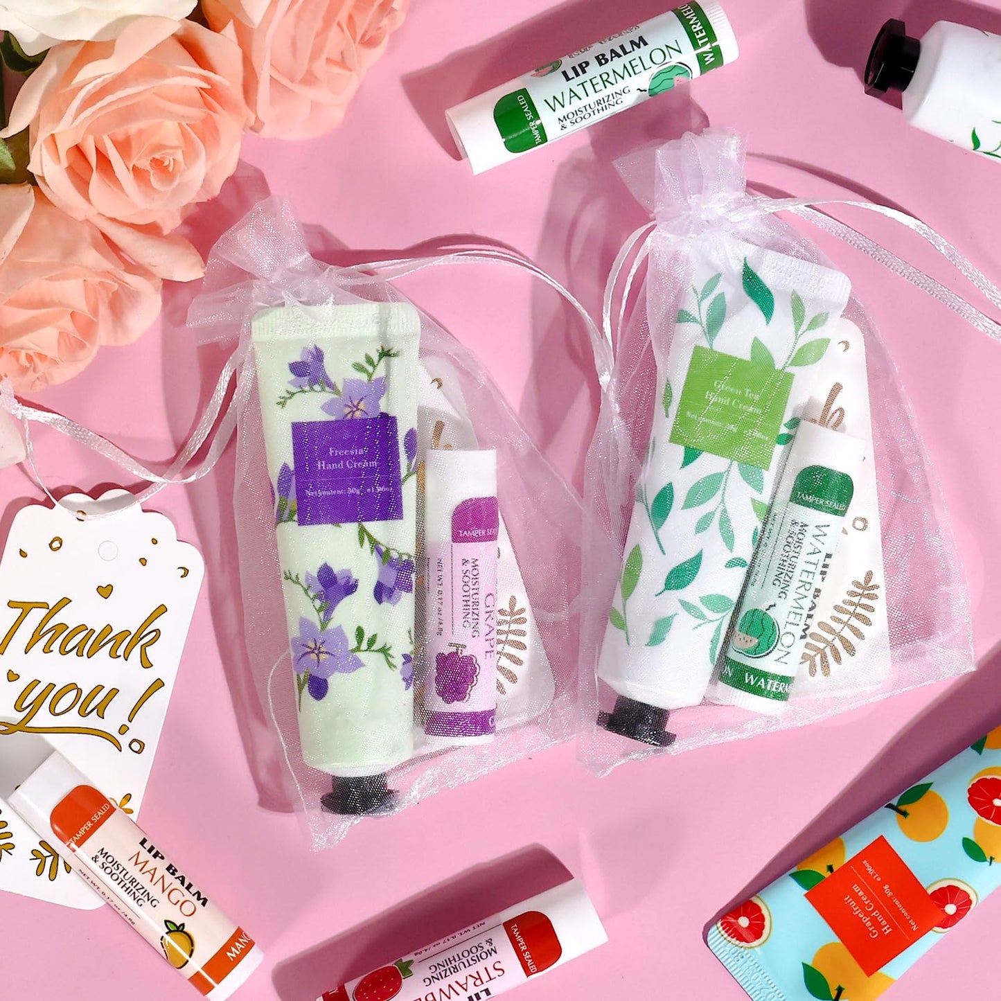 AZEN 100 Sets Bulk Gifts, Hand Cream and Lip Balm Bulk Set with Organza Bag Thank You Card, Baby Shower Wedding Gifts for Guests, Bridal Wedding Favors for Guests, Thank You Gifts for Women