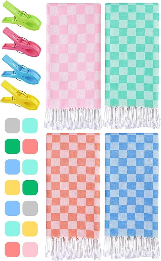 4 Packs Turkish Bath Towel Beach Blanket Set Pool Towels Bulk Multipack Travel Sand Free Quick Dry Extra Large Oversized Cute Big Cotton Soft Lightweight Compact Checkered Proof Cloud Men Women Adult