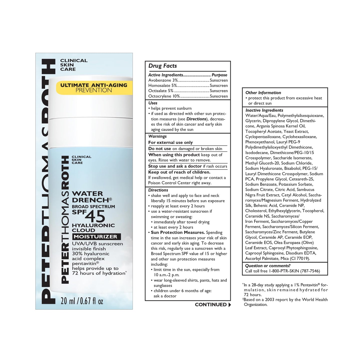 Peter Thomas Roth | Water Drench Broad Spectrum SPF 45 Hyaluronic Cloud Moisturizer | SPF Moisturizer for Face, Lightweight and Water-Resistant, 0.67 fluid ounces (Pack of 1)
