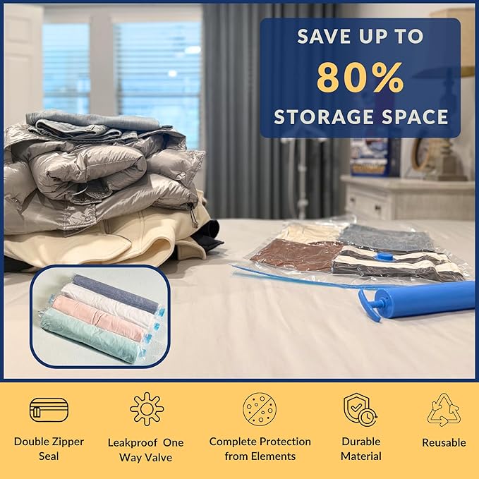 35 Pack Vacuum Storage Bags with Pump, Compression Space Saver for Comforters, Bedding, Blanket Storage, Vacuum Seal Bags for Clothing, Luggage and Closet Organizer, Safe Poly Material