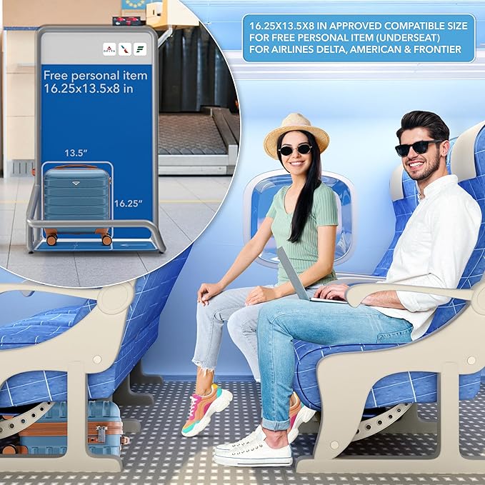 Carry On Suitcase Hardside TSA Lock & USB Port Silent Double Spinner Wheels Maximum Underseat Carry-On Bag For Virgin & South West Approved Airlines( 16.25x13.5x8" ,Blue/Tan )