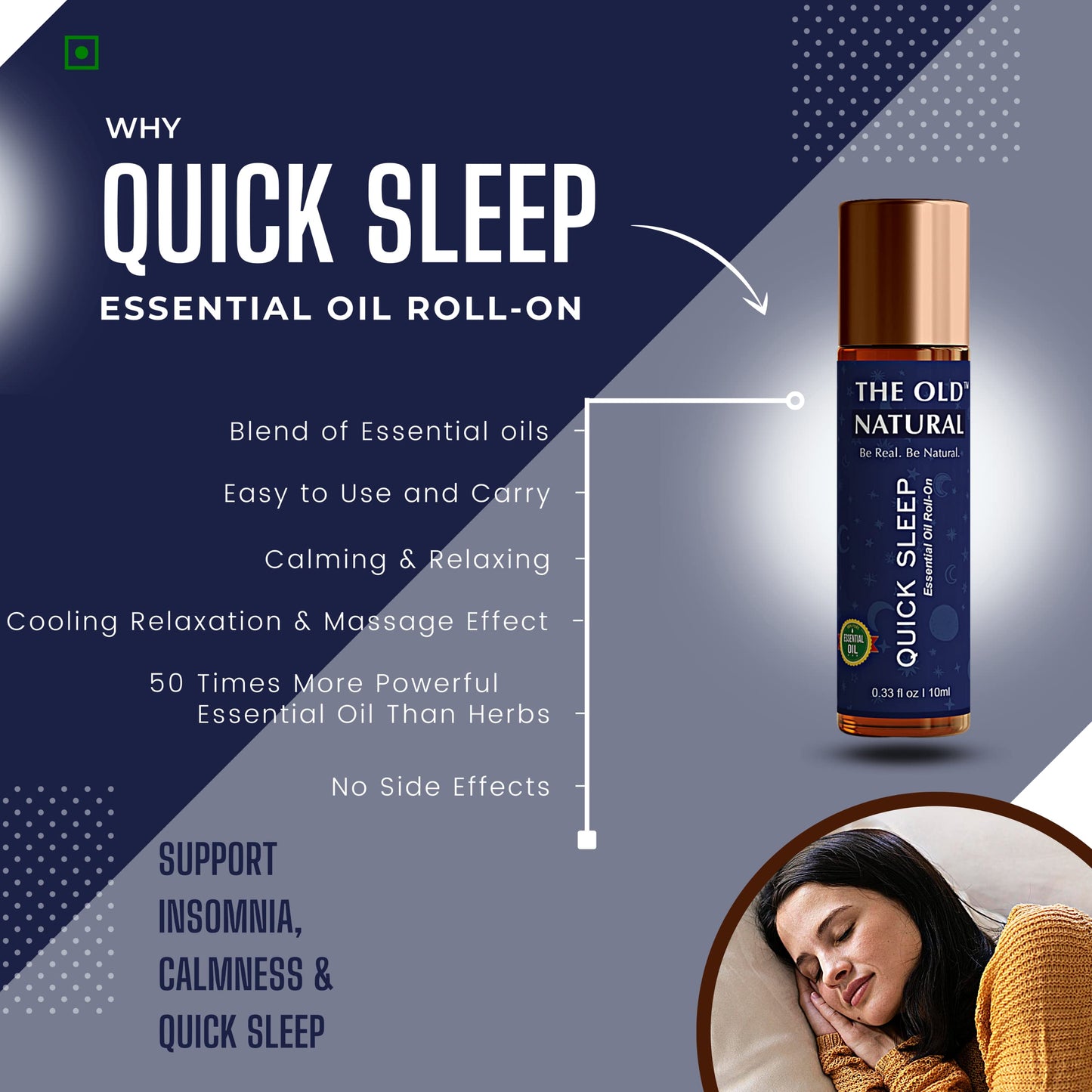 The Old Natural Quick Sleep Roll On for Instant Sleep, Stress Relief, Relaxation - an Unique Blend of Essential Oils (Pack of 1)