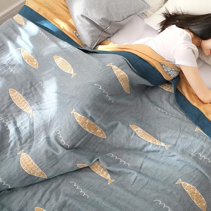 Boho Throw Blanket for Bed 100% Cotton Ultra Soft Rustic Quilt Fall Blanket Fish Printed Farmhouse Decor Bed Blankets,60"×80" All Season Rustic Throw for Sofa Couch Chair