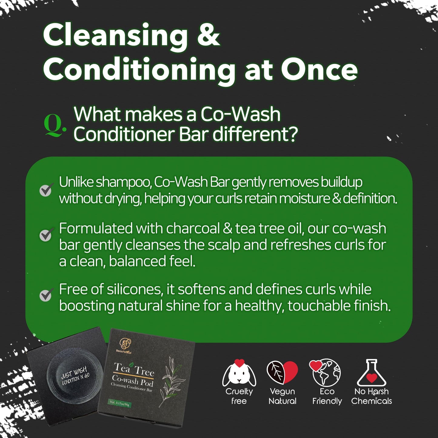 BEAUTE SEOUL Co-Wash Conditioner Bar for Curly Hair - Tea Tree & Charcoal Solid Cleanser for Dry Scalp, Buildup Removal & Moisture – Sulfate-Free, No Silicones, All Hair Types, 3.17oz
