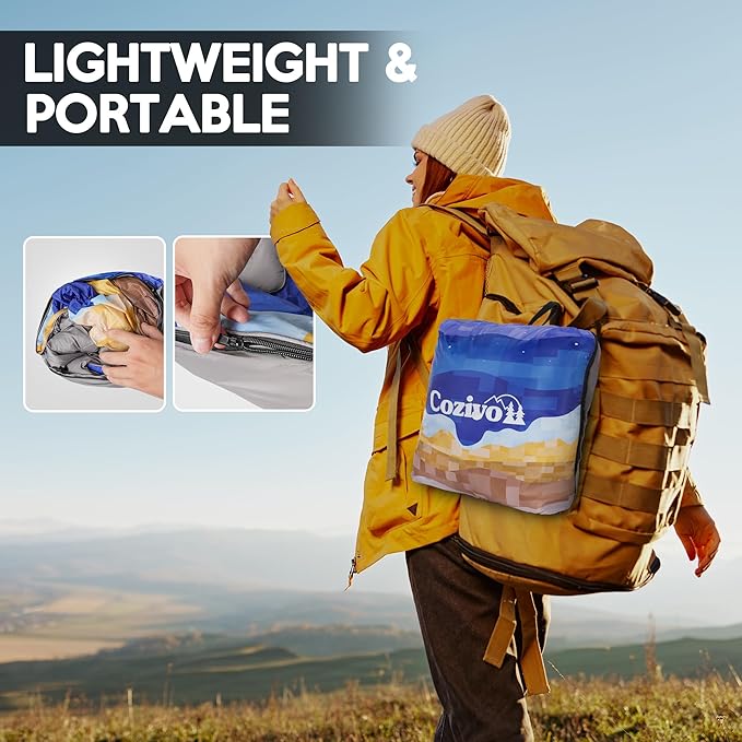 Camping Blanket, 2-in-1 Wearable Puffy Camping Blanket with Hood & Snap Buttons Waterproof Lightweight Travel Blanket Converts to Pillow for Backpacking, Beach, Picnics, Stadium (Mountains)