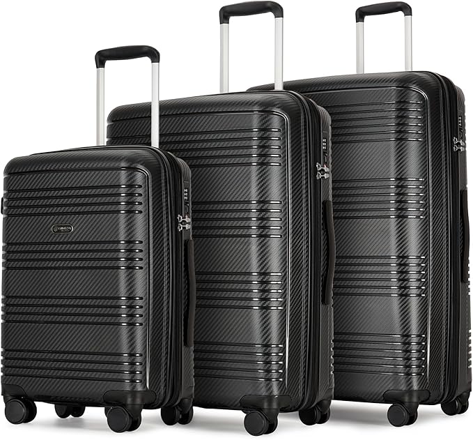 3 Piece Expandable Luggage Sets PP Hardshell Lightweight Suitcase sets with Spinner Wheels STSA Lock, 20/25/29inch, Black