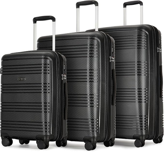 3 Piece Expandable Luggage Sets PP Hardshell Lightweight Suitcase sets with Spinner Wheels STSA Lock, 20/25/29inch, Black