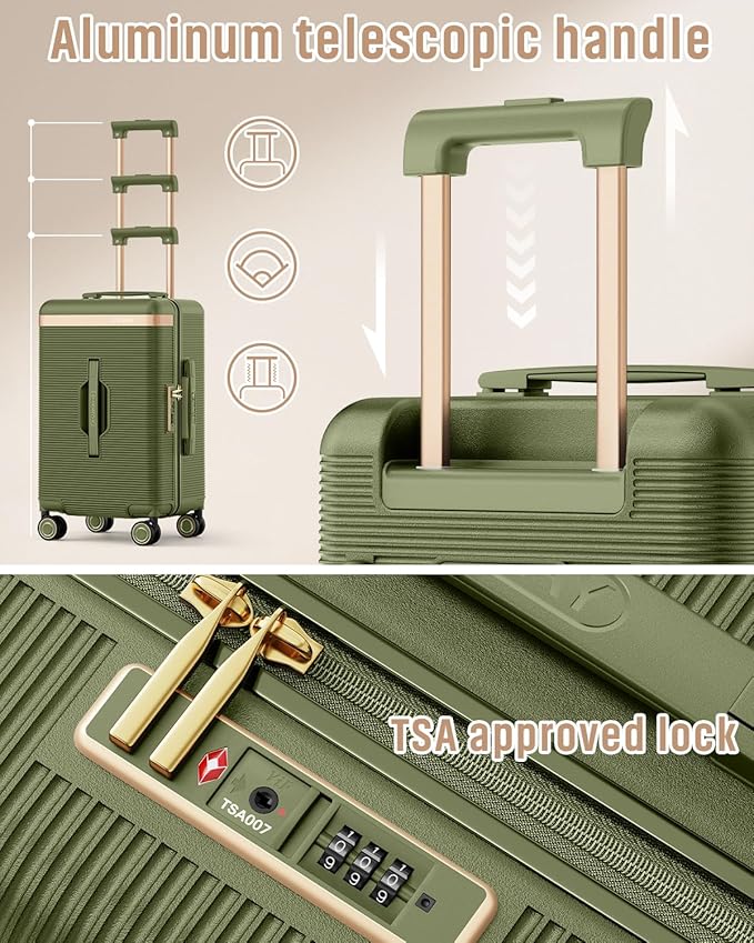 Joyway 22 Inch Carry on Luggage with Cup Holder, Hard Shell Carry-on Suitcases with Shock Absorbing Spinner Wheels, Lightweight Luggage with TSA Lock for Women Men, Green