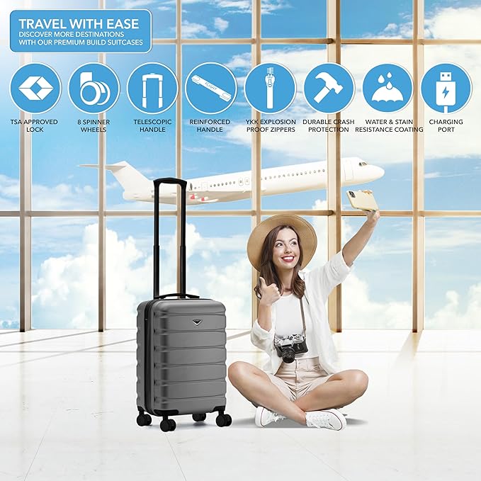 22x14x9" Expandable Carry On Suitcase Hardside TSA Lock USB C Port Lightweight Luggage Silent Double Spinner Wheels Maximum Overhead Carry-On Bag For American & United Approved Airlines