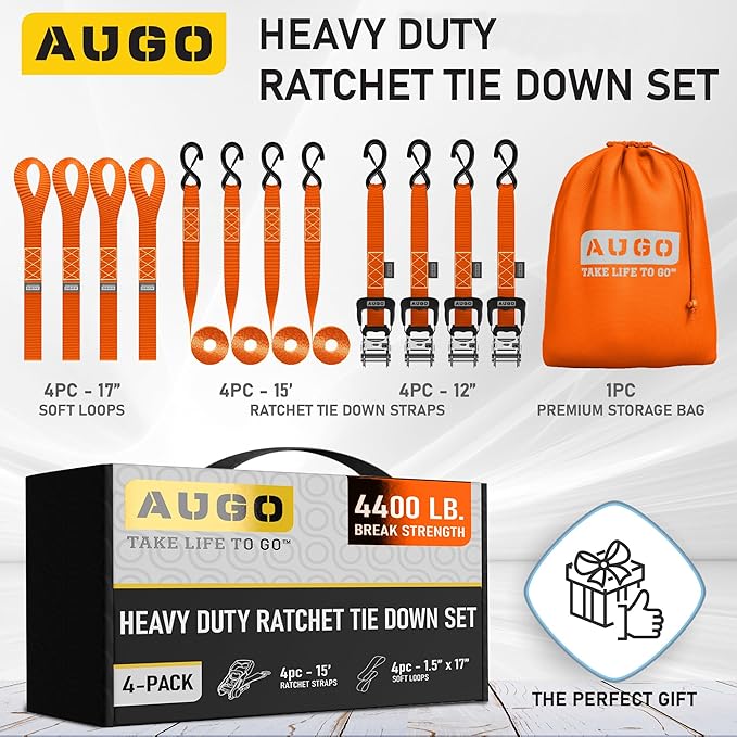AUGO Heavy Duty Ratchet Straps & Soft Loops – Pack of 4 Extra Strong 1.5” by 15’ Ratchet Straps w/S-Hook Safety Latches & 4 Soft Loop Tie Downs – 4400Lb Break Strength for Motorcycles, ATVs, Etc.