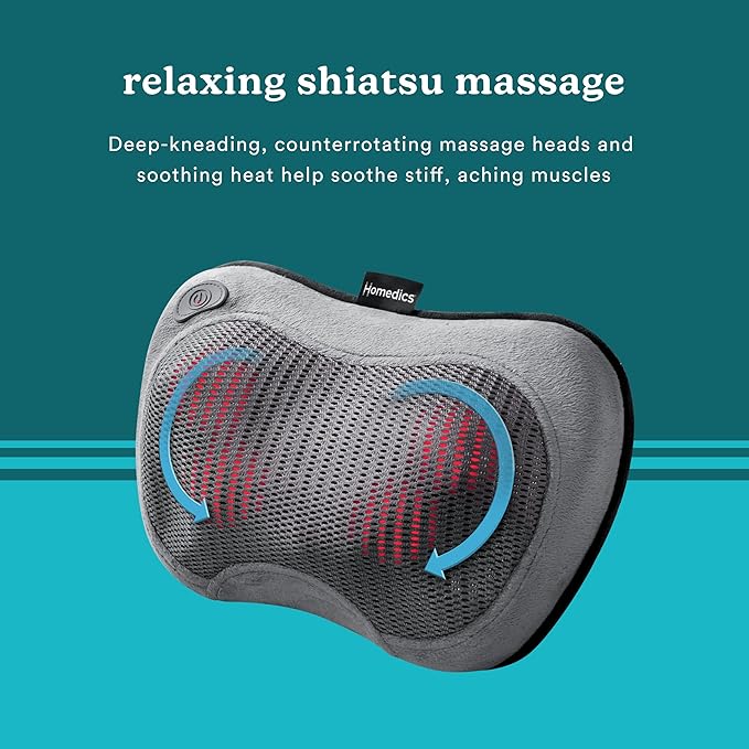 Homedics Cordless Shiatsu All-Body Massage Pillow with Soothing Heat, Reverse Function, Rechargeable Battery, and Integrated Controls –Lightweight