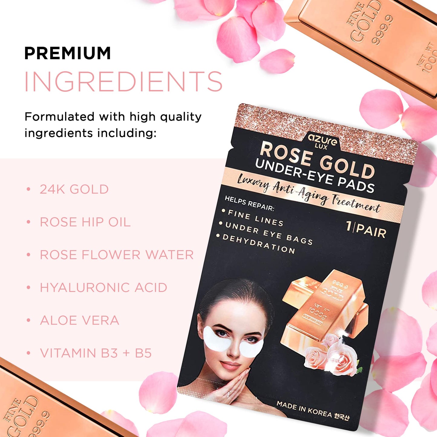 Azure Cosmetics Rose Gold Luxury Anti Aging Under Eye Pads - Lifting, Smoothing & Hydrating Eye Mask Patches - Reduces Fine Lines, Wrinkles, Dark Circles & Puffiness - Made in Korea - 5 Pairs